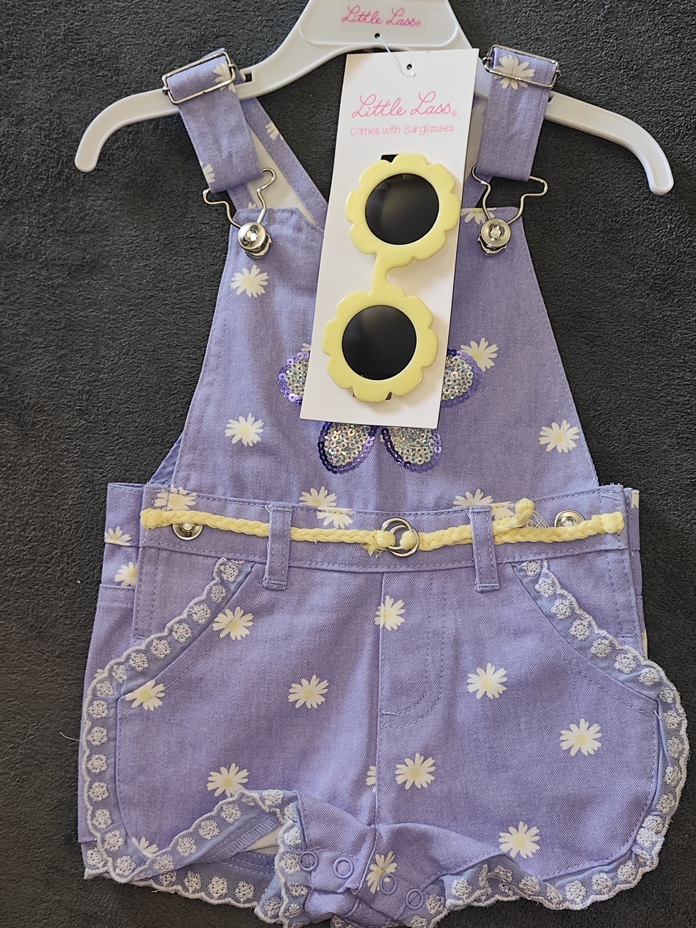 Little Lass Lavender Daisy Shortall Romper with Yellow Belt